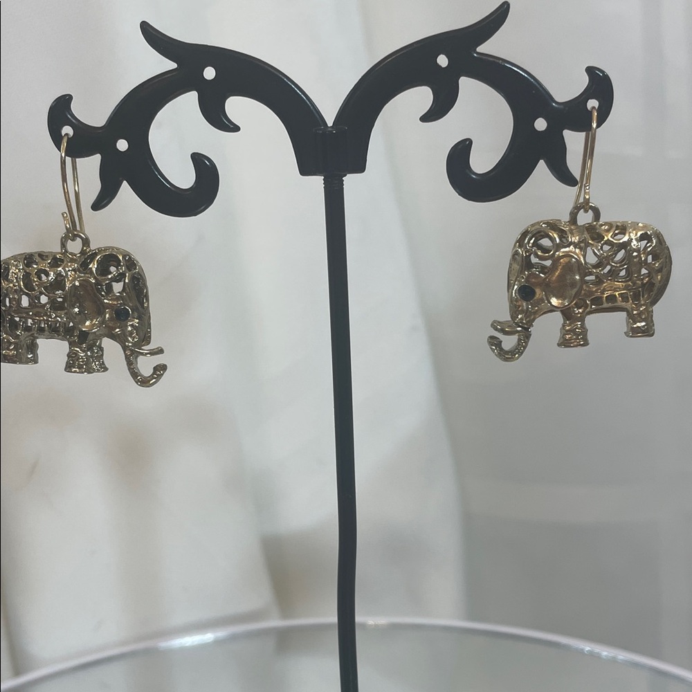 Gold Tone Filigree Elephant Dangle Earrings - Picture 3 of 8